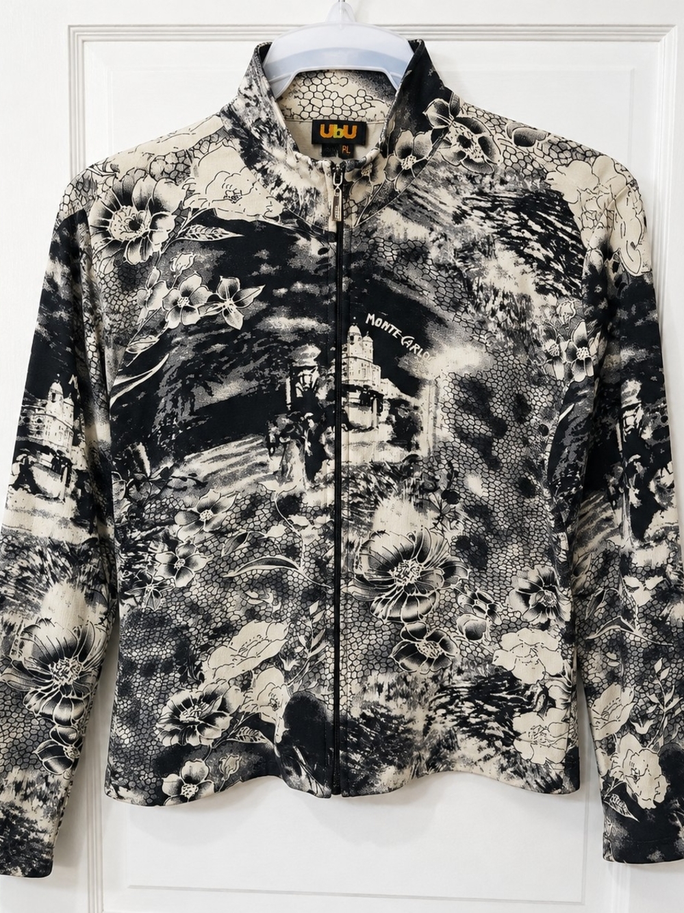 UbU Silk Blend Black Cream Floral Abstract Zip Jacket PL Artwear